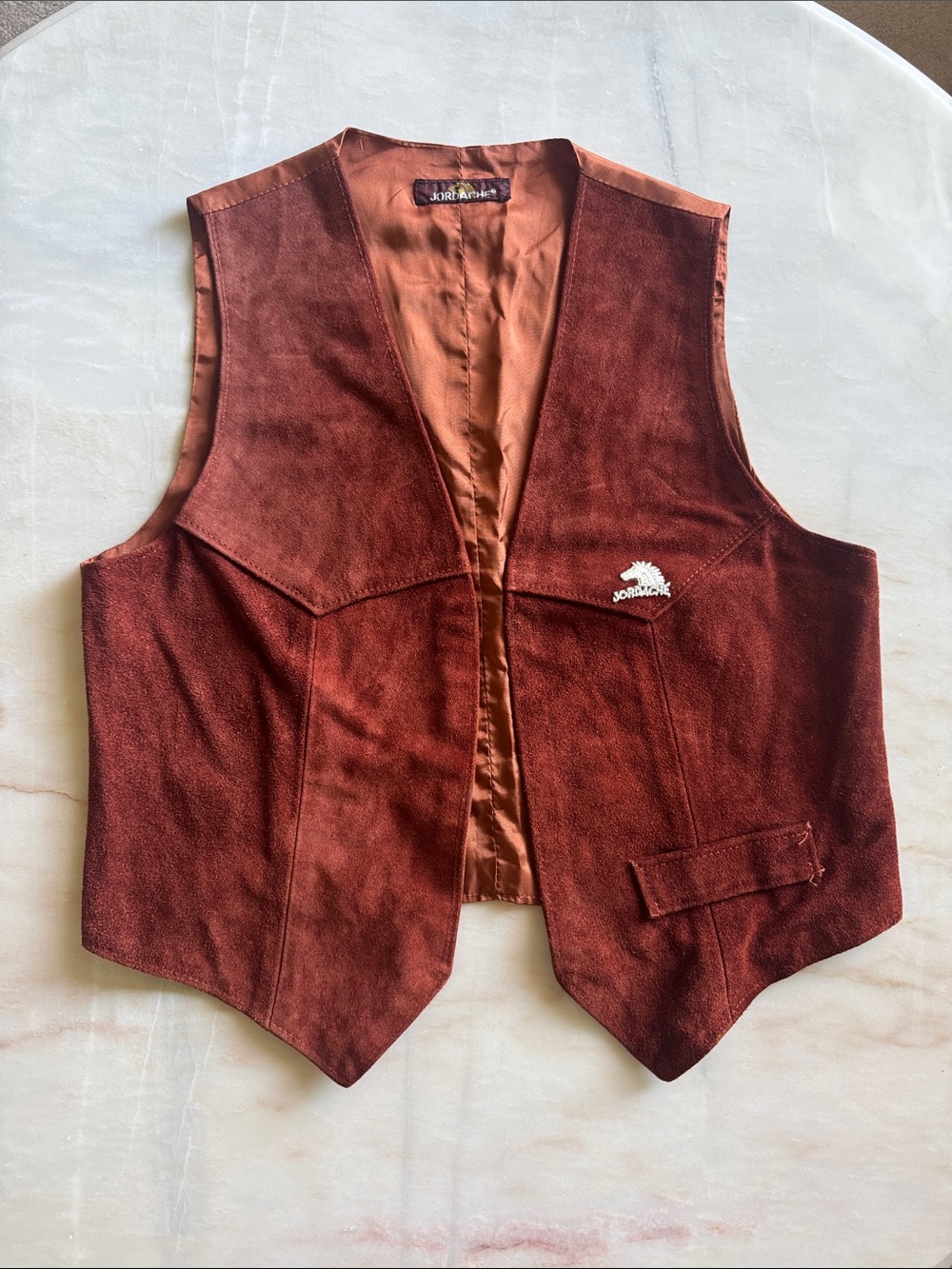 Vintage Jordache cognac Brown genuine Suede Vest with equestrian logo
